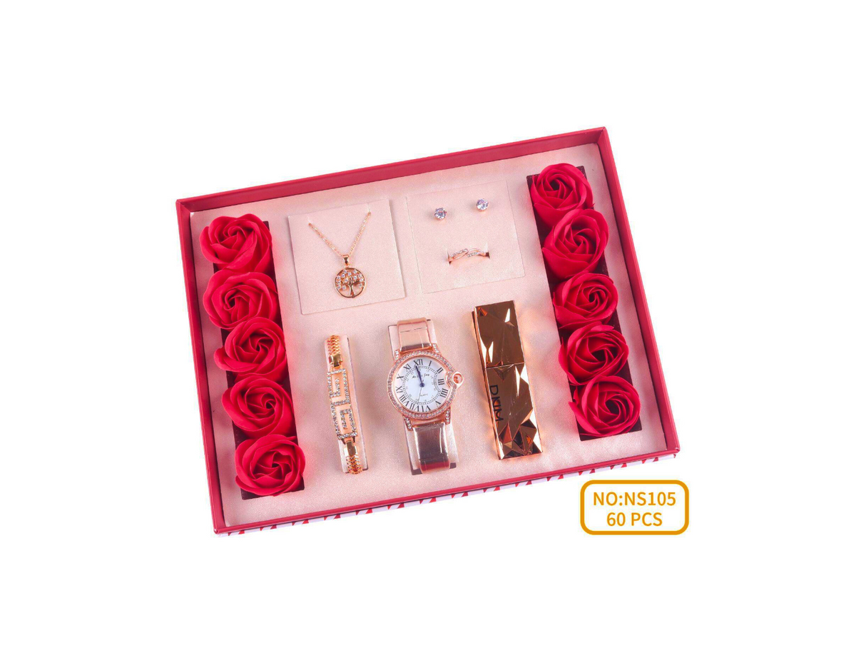 Luxuriöses Damenuhren- und Schmuckgeschenkset mit Rosen – 7-teilig in Roségold