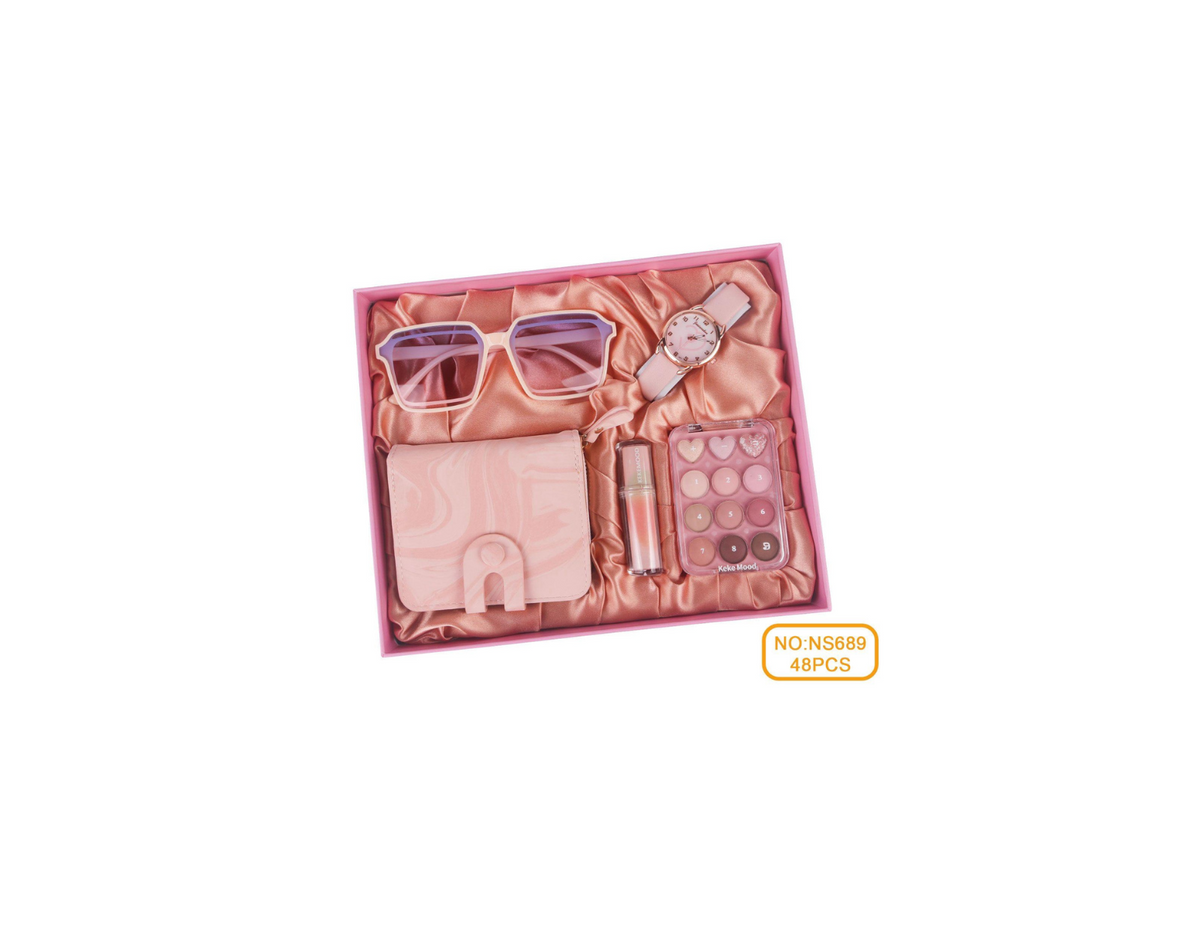 Trendiges 6-teiliges Damen-Geschenkset – Rosa Accessoires & Kosmetik im Satin-Etui
